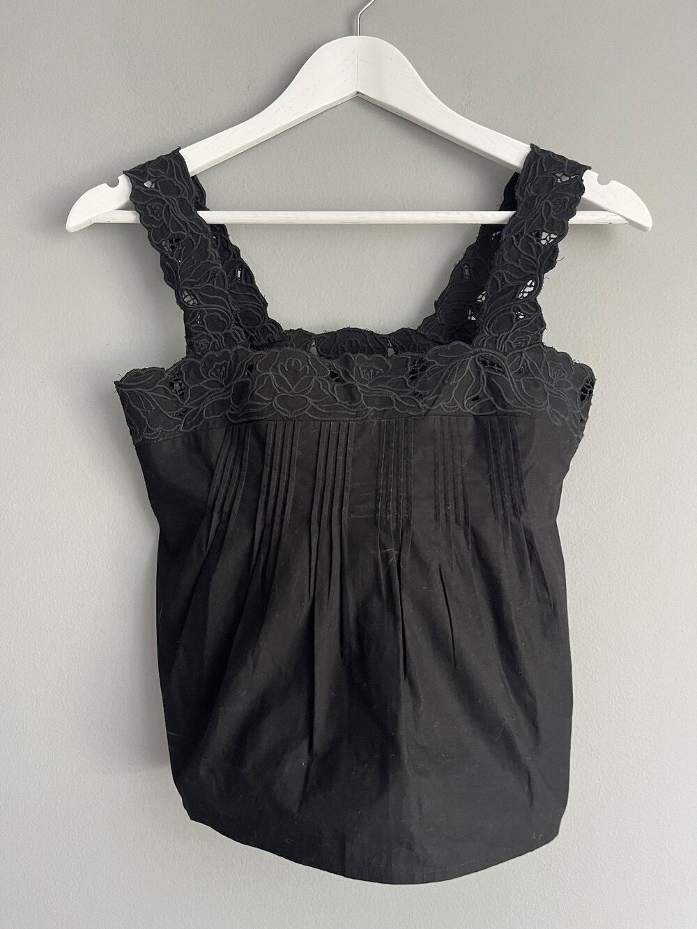 J.Crew Lace-Trim Tank Top Compact Poplin Black XXS NWT $98 Romantic CV047